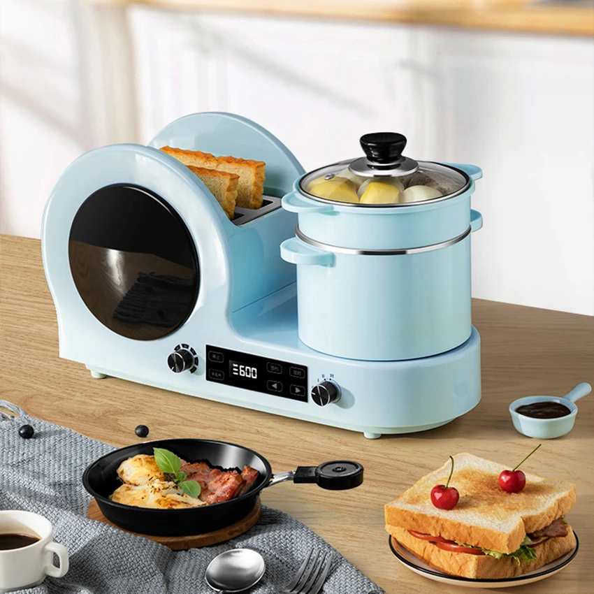 220V Electric Breakfast Machine Multifunctional Mini Bread Toaster Frying Pan Electric Boiler 24H Appointment with 60mins Timer