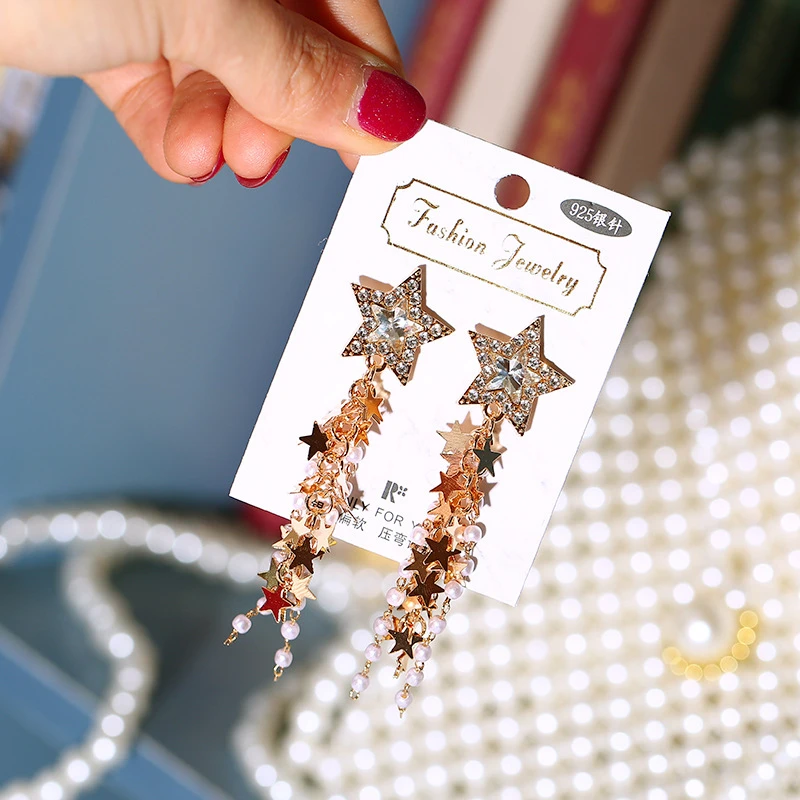 Серьги со звездами и жемчугом с кисточками для женщин в Корейском стиле модные