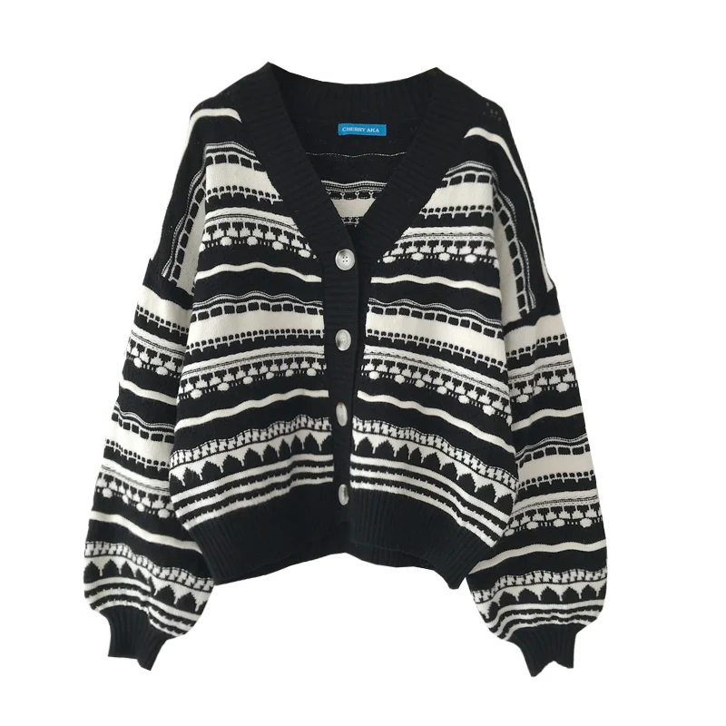 

Buttons knitted Short Sweater Striped Bohemia Cardigan Women Slim Ribbed Winter Autumn Sweaters Female Fashion Knitwear 2020