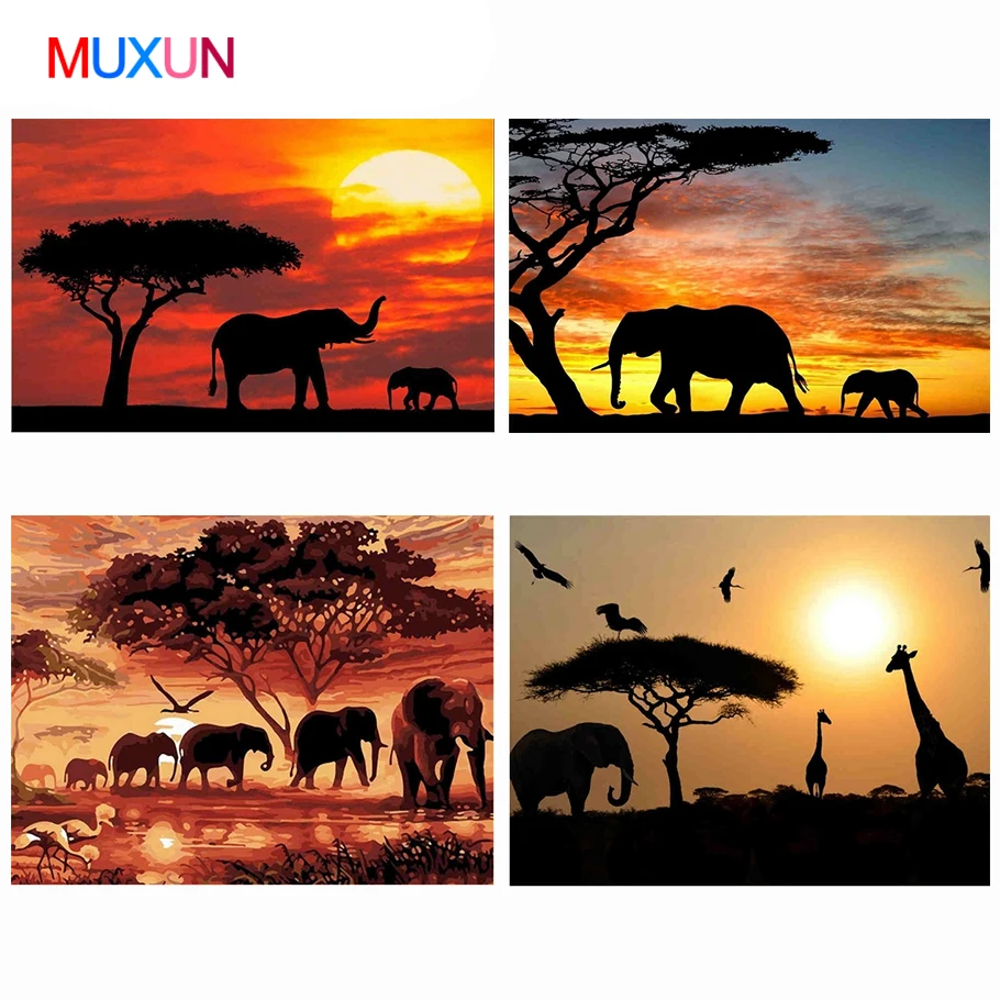 Алмазная живопись слоны на закате алмазная вышивка сделай сам животные пейзаж