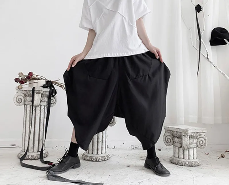 

[EAM] High Elastic Waist Black Asymmetrical Wide Leg Trousers New Loose Fit Pants Women Fashion Tide Spring Autumn 2021 19A-a678