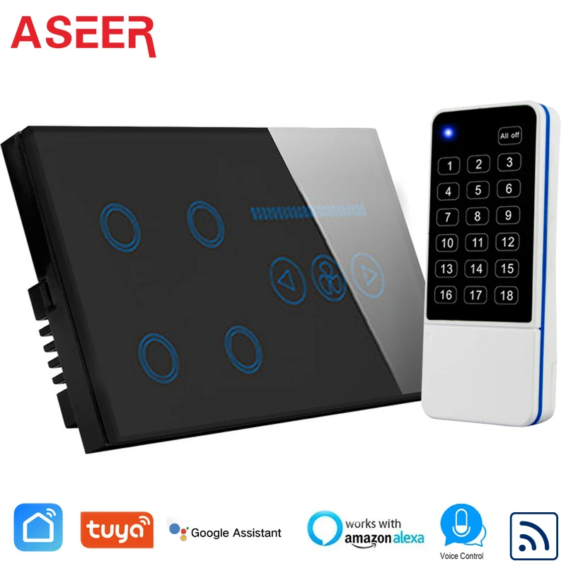 

ASEER WIFI Switch 4 gang with wifi Fan Switch + 18 Button Remote Controller,Crystal Glass Panel,Support RF Remote,alexa,google