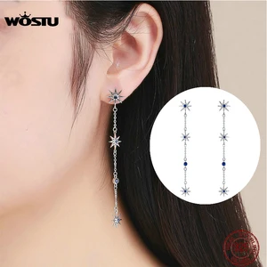 WOSTU 925 пробы серебра с блестящими звездами; Комплект из подходящих длинные Позолоченные каплевидные серьги с квадратными Голубой цирконий Длинные Висячие серьги для Для женщин серебро 925 ювелирные изделия CTE060