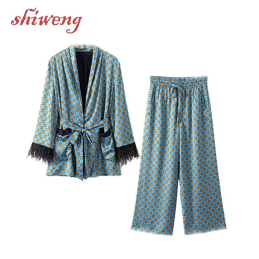 

Костюм-кимоно Женский Повседневный с перьями, модная драпировка и брюки с широкими штанинами, пиджак с завышенной талией, весна-осень