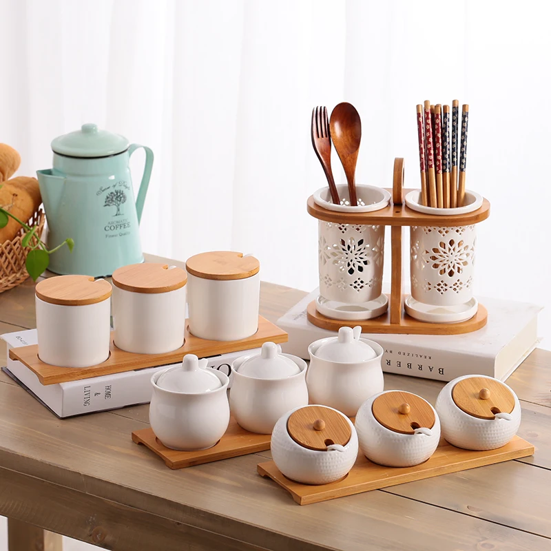 Ceramic Condiment Storage Jar Kitchen Seasoning Tank Household Pot Bamboo Tray Spice Soy Sauce Box Salt Sugar Can | Дом и сад