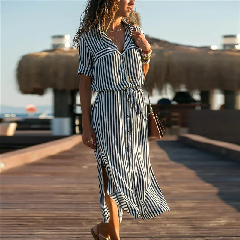 

Turn Down Collar Office Ladies Stripe Shirt Dress Long Boho Beach Dress Casual Long Sleeve Elegant Party Dress Vestidos