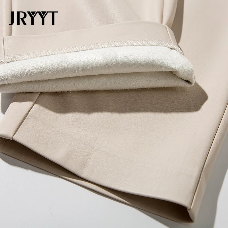 

JRYYT Autumn Winter High Waist Fleece PU Leather Pants Women Pockets Casual Pencil Pants Women Zipper-Up Leather Trousers Female
