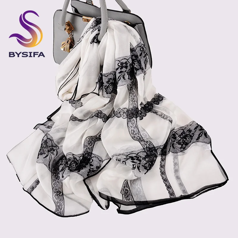 

[BYSIFA] Black White Silk Scarf Echarpes 2020 New Brand 100% Silk Long Scarf Shawl 180*65cm Elegant Ladies Neck Head Scarf Hijab