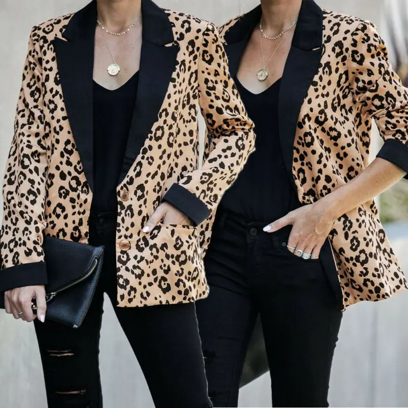 

Fashion Women Autumn Leopard Coat Winter Long Sleeve Jacket Casual Elegant Woman Slim Fit Outwear Vintage Notched Blazer Tops