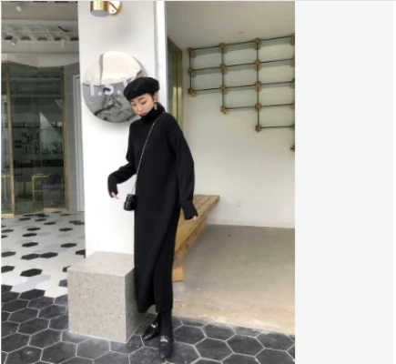 

Elegant Autumn Winter Dress Straight Women Turtleneck Sweater Dress Patchwork Thicken Stretch Female Casual Dresses St124