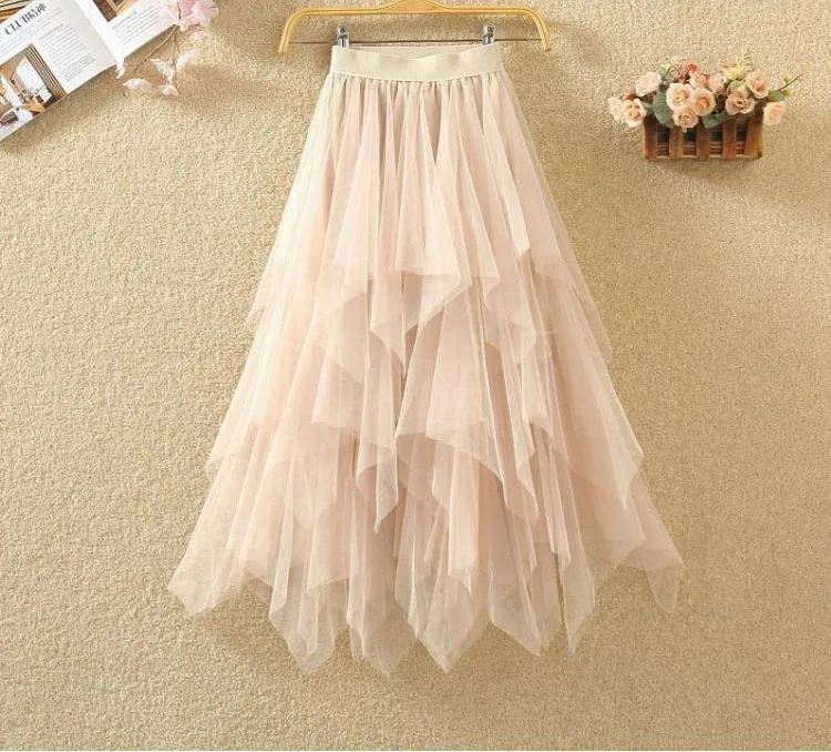 Women Sweet Midi Spring And Summer High Waist Solid Asymmetrical Elegant Chic White Mesh Tulle Skirts Faldas
