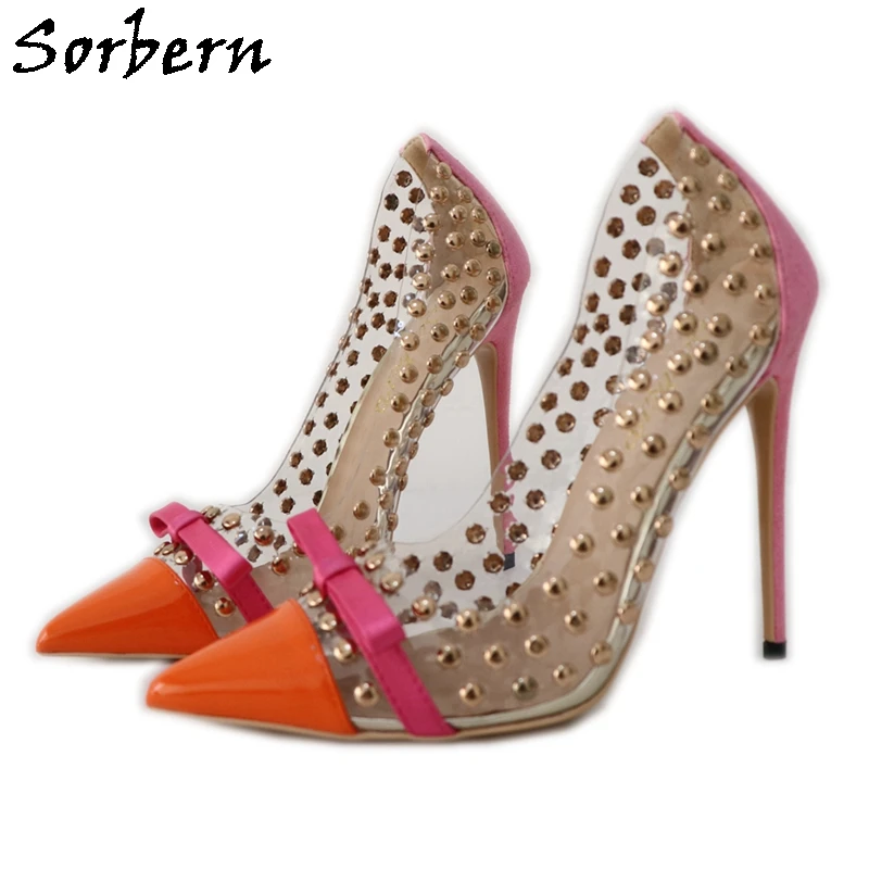 

Sorbern Fashion Rivets Pvc Women Pumps With Gold Rivets Bowknot Ladies Party High Heel Shoes Pointed Toe Transparent Plastic