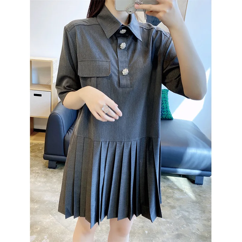 

Women Dress 2021 Spring and Summer New French College Style Fashion Lapel Rhinestone Gray Short-sleeved Dress