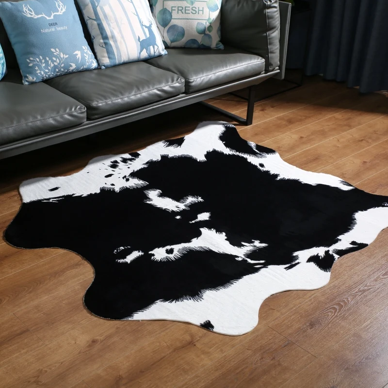 Alfombra de piel de vaca sintética para sala de estar, dormitorio, cocina, color blanco y negro, 140x160cm