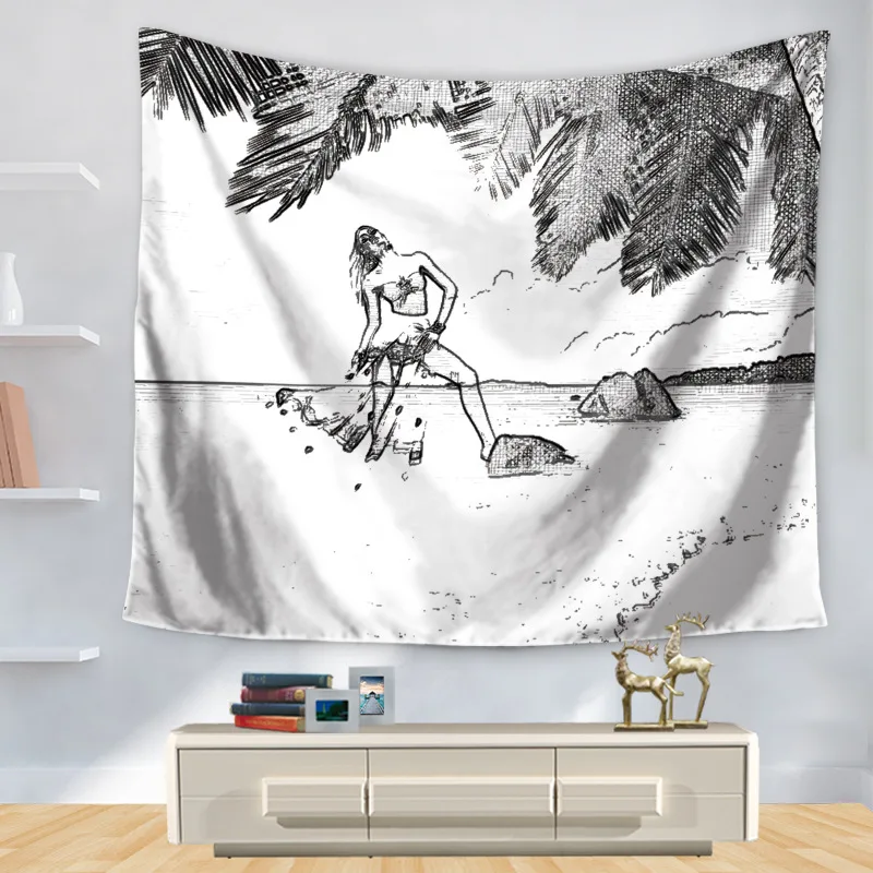 Гобелены для девочек настенный Черный и белый девушка узор художественная