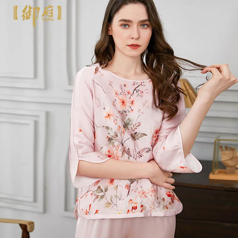 

★Пижама шелковая женская с принтом и рукавом 7 минут