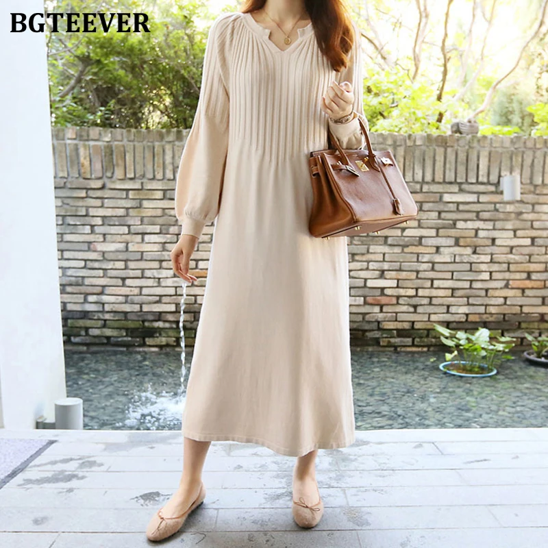 Платье Свитер BGTEEVER женское с V образным вырезом элегантное вязаное длинное в
