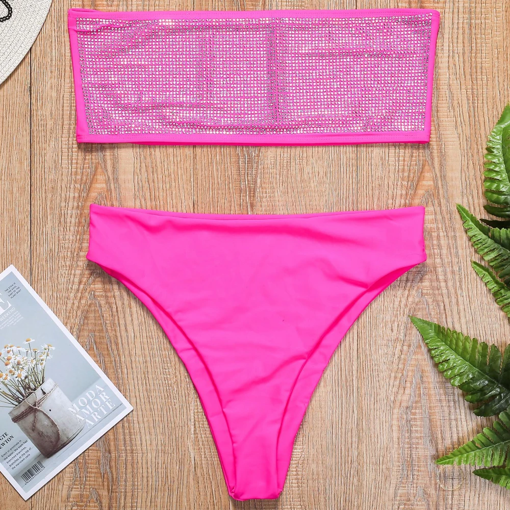 Sexy Bikini Set Luxury Neon Yellow Full Rhinestone Two Pieces Bra Set Women 2020 Sexy Elastic Bandage Diamond Underwear Bras Set