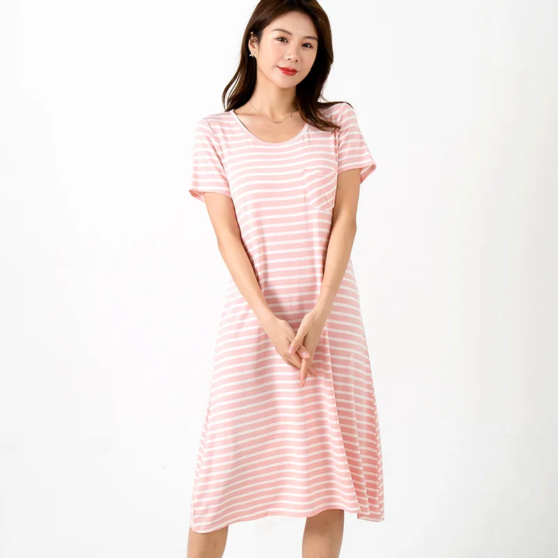 

Summer Modal Night Dress Women's Short Sleeve pocket Loose Sleepdres Elegant Female Soft Skirt Striped Dress Casual Homewear