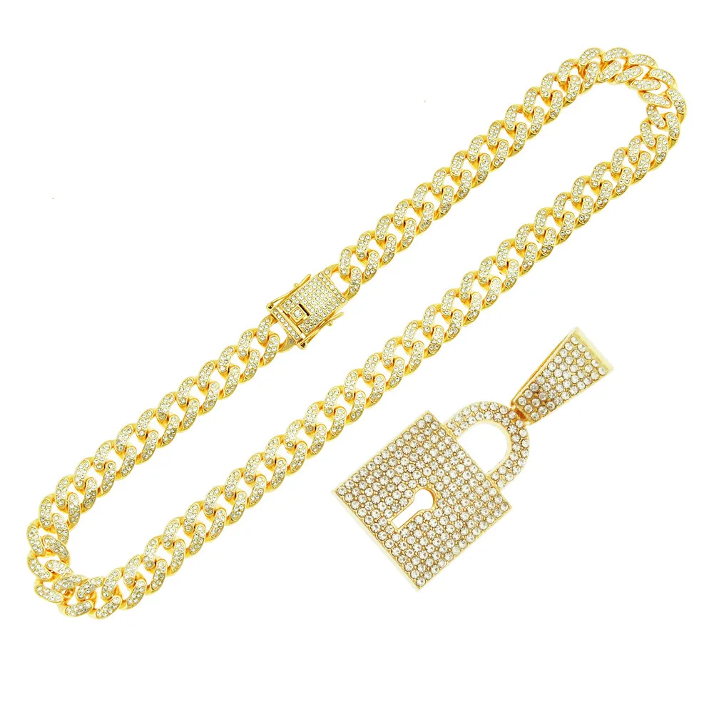 

men women's neck chain Diamond Lock Pendant Necklace Cuban Chain Necklace Hip Hop Accessories birthday wife gift jewelry long