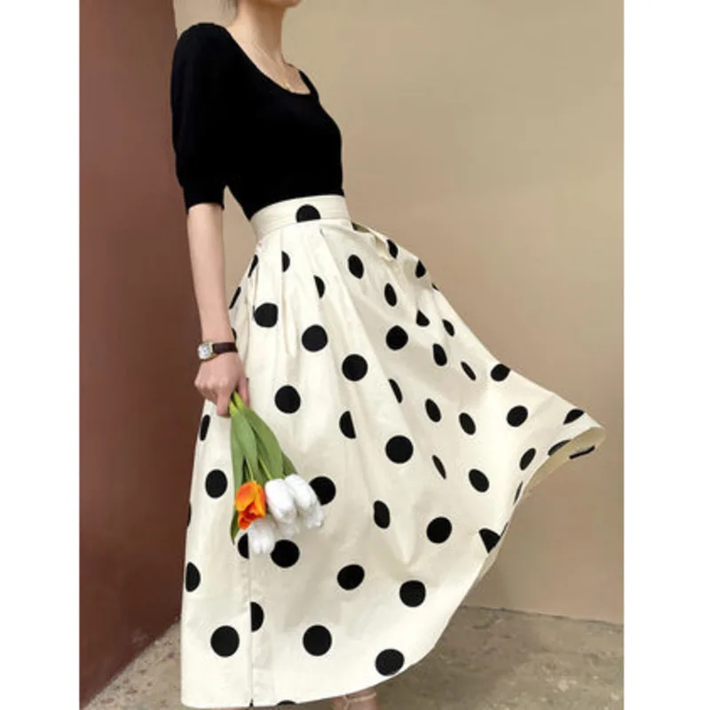 

2021 New Summer Dot Print Women Cotton Skirts High Waist A-line Long Skirts With Pocket Elegant Causal Jupe Longue Femme