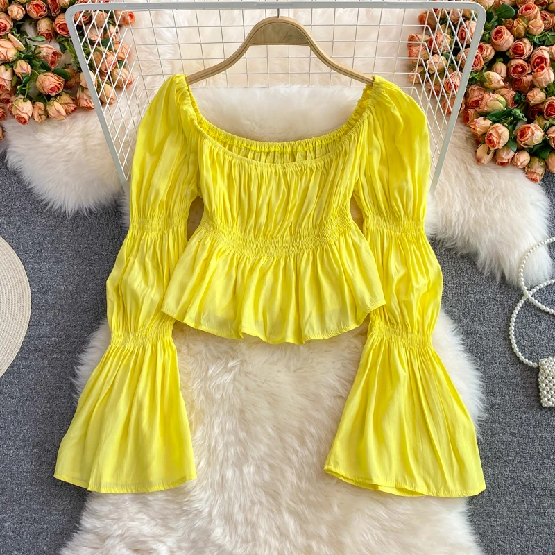 

Fashion Korean Blouse Women Long Sleeve Square Collar Solid Slim Tops 2021 Autumn Casual Streetwear Short Blouses Yellow