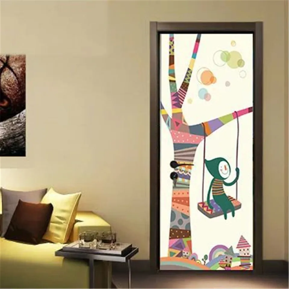Дерево детские качели двери наклейки для гостиной спальни ПВХ водонепроницаемые