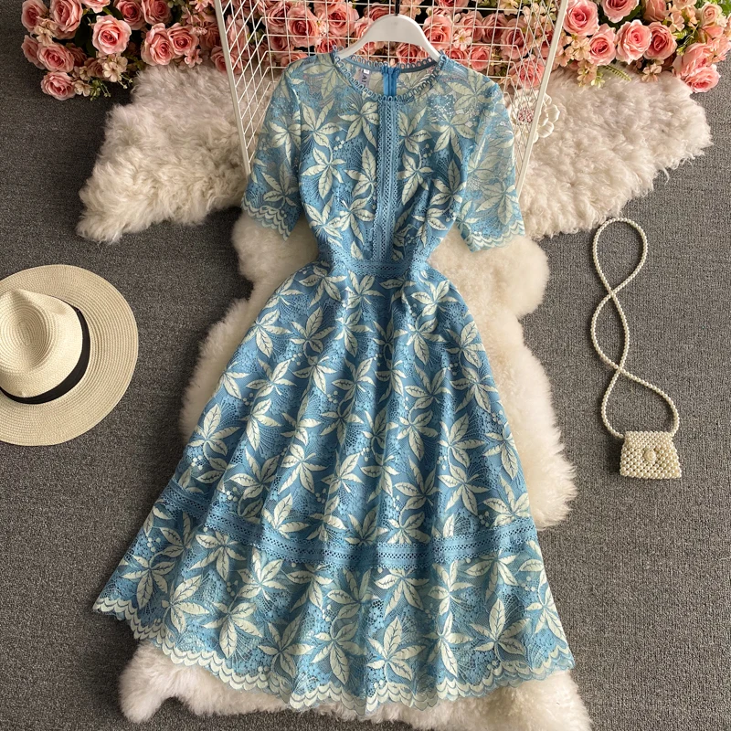 

2021 Summer New Fashion Women Elegant Slim O-Neck Short Sleeve Empire Lace Dress Vestido De Mujer J334
