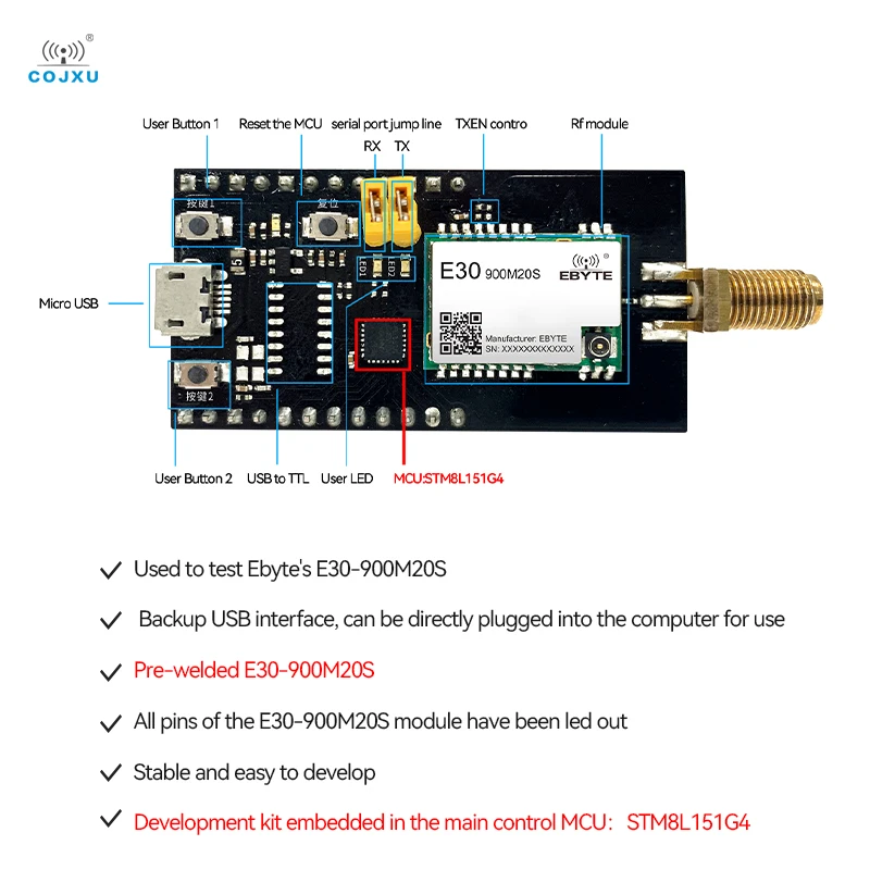 USB to TTL Test Board for E30-900M20S Module Development Evaluation TXEN Control With Rubber Anttenna Easy Use E30-900MBL-01