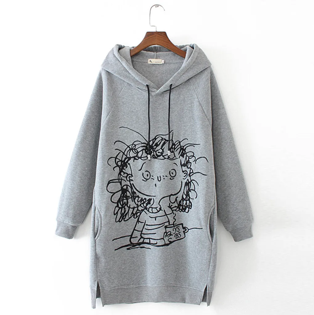 

Women Long Hoodie Sweatshirt Pullover Cartoon Print Long Sleeve Splited Pockets Sweatshirt Hoody Pullovers Dress