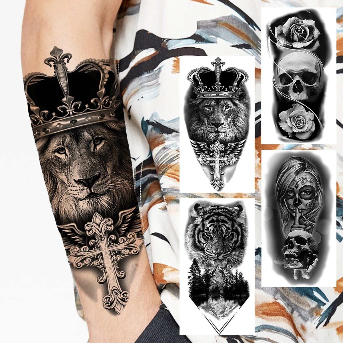 

Lion Crown Cross Temporary Tattoos For Men Women Realistic Scary Tiger Forest Vampire Fake Tattoo Sticker Forearm Body Tatoos 3D