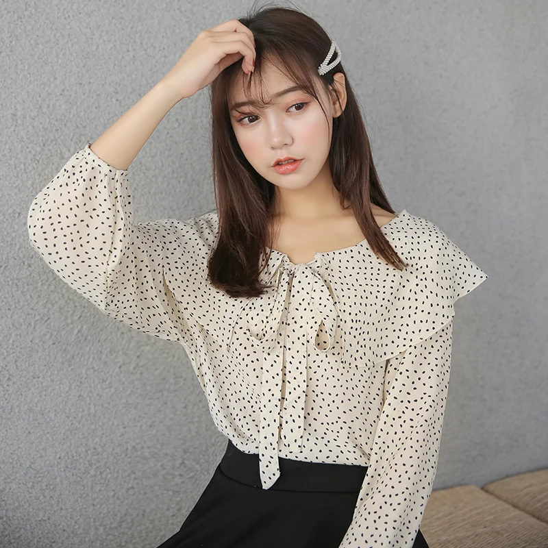 2019 женские рубашки с вырезом лодочкой и длинным рукавом в горошек Han Fan Doll блузка