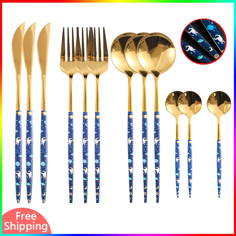 

Gold Table Cutlery Set Stainless Steel Knife Tea Spoons Forks Set Flatware Tableware Dinnerware Dinner Set Covered Kichen Items