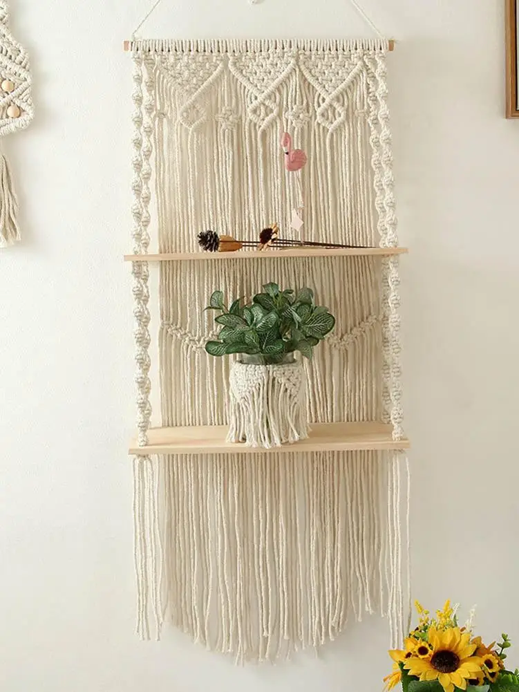 

Boho Woven Wall Shelf Decor Macrame Wall Hang Shelf Decor Shelves For Wall Storage For Kitchen Bedroom Bathroom Home Organizer