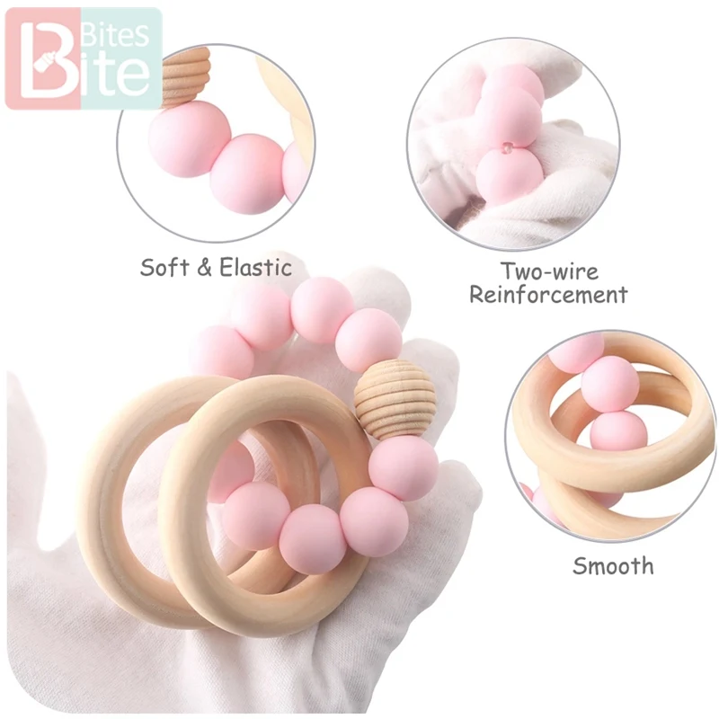 1Pc Baby Silicone Teether Bracelets Rattle Threaded Bead Bangles Teething Wooden Ring Rodent Children's Goods Gift | Мать и ребенок