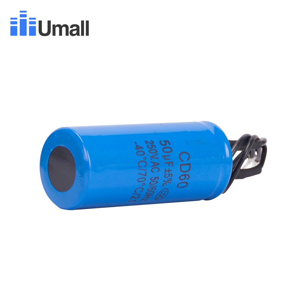 CD60 50 мкФ 250V AC пусковой конденсатор для сверхмощного электрического двигателя Воздушный компрессор красный желтый два провода