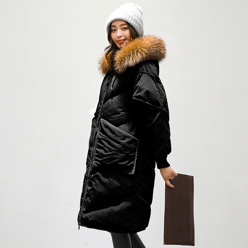 

down jacket hooded, Korean parka, winter for women, with raccoon fur collar, long coat, loose parkas,