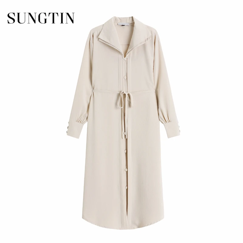 Sungtin 2020 зимнее однотонное свободное платье с поясом для женщин Элегантная