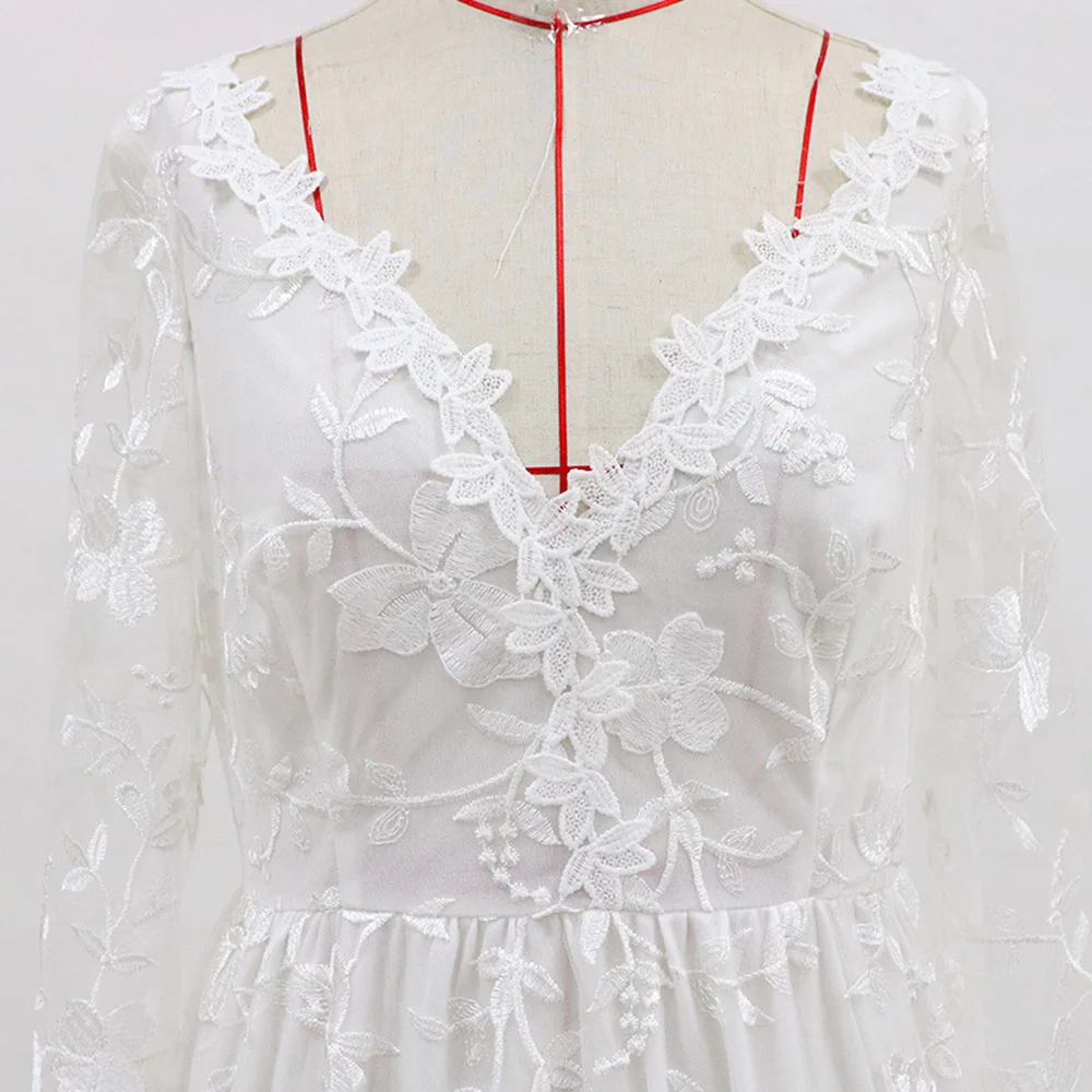 

Women Elegant Pure White Hollow Lace Evening Dress V Neck High Wasit Long Sleeve A Line Party Wedding Dresses Robes Designer