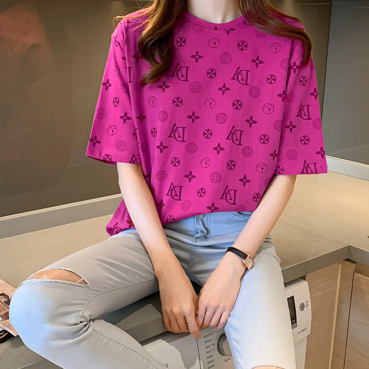 

2021 new summer 100% Cotton Short Sleeve T-Shirt loose bottomed top
