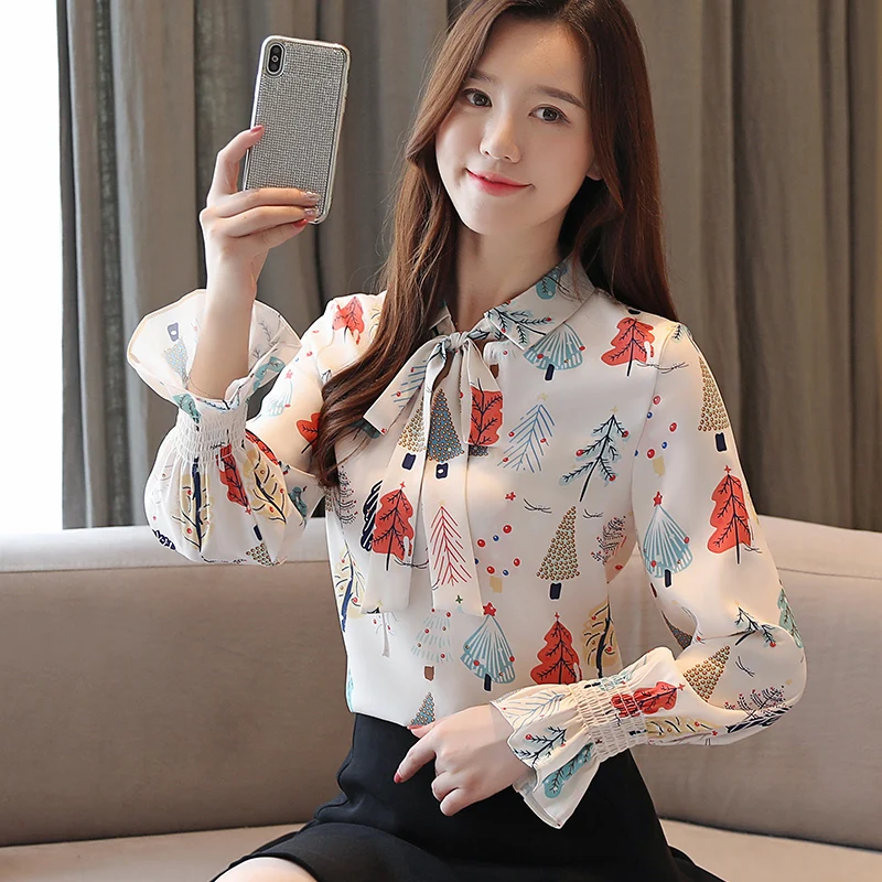 Корейская мода женская элегантная шифоновая блузка женские блузки с длинными