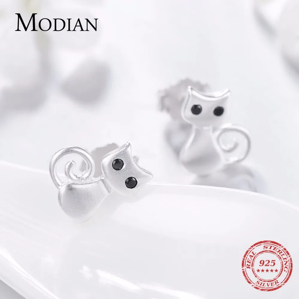 Серьги-гвоздики Modian из серебра 925 пробы с милыми котами женские милые модные
