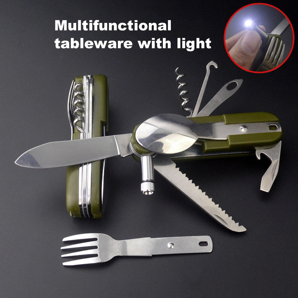 

9 In1 Outdoor Hiking Camping Tableware Folding Fork Spoon Stainless Steel Multi-Function Corkscrew Travel Picnic Accessories