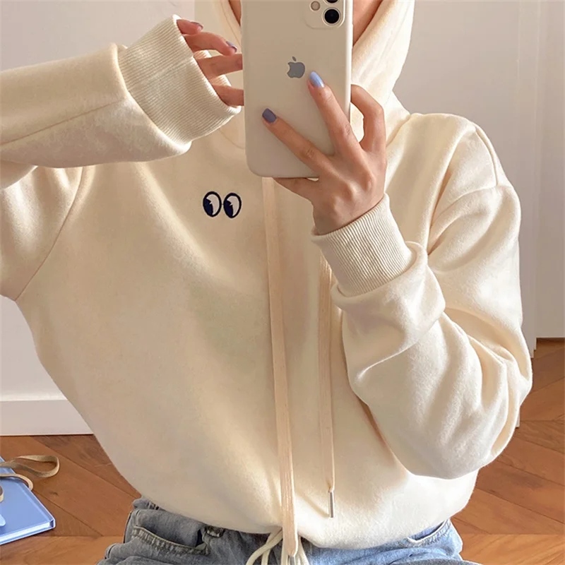 

2020 Korean fashionLong sleeve Short Autumn And Winter wild Big eyes plus fleece hoodie Loose casual retro ins print sweatshirt
