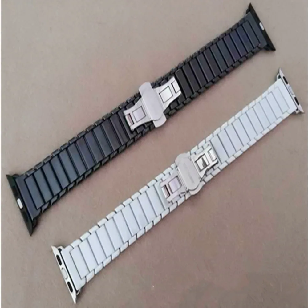 Ceramic Watch Band for Apple Watch 38 42mm Series 1 2 3 Link Bracelet Butterfly Buckle Black White Glossy Watch Belt And Adapter