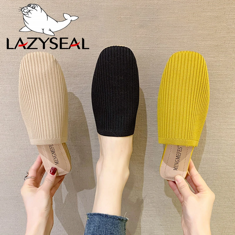 

LazySeal Women Mules Knit Fabric Slippers Med Chunky Heel Casual Summer Stretch Fabric Heels Sandals Women Slides Pumps 3 CM