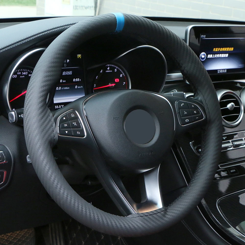 Углеродное волокно кожаный чехол для рулевого колеса автомобиля Универсальный 38