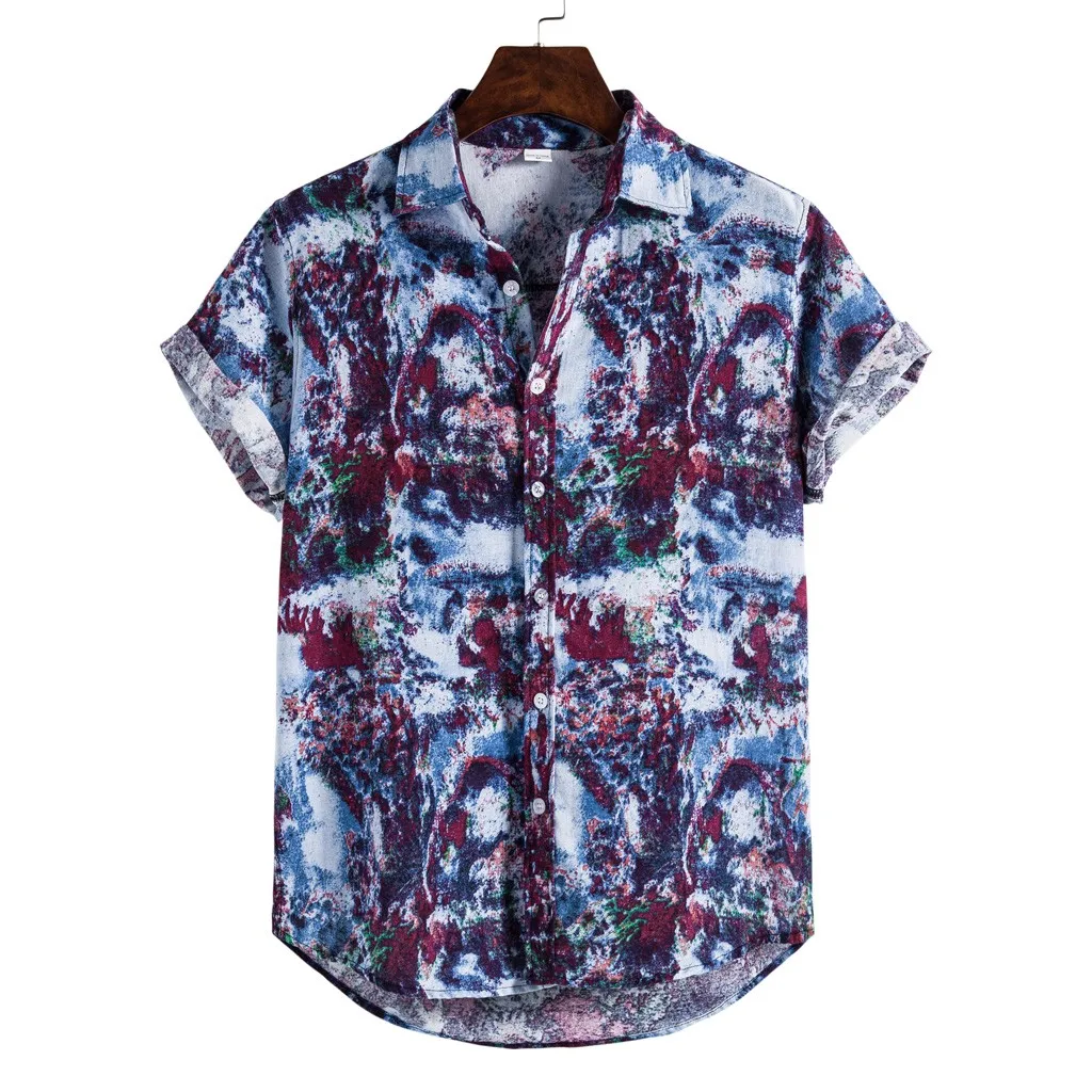

National Style Men Linen Floral Print Short Sleeve Shirt Summer Hawaii Holiday Loose Casual Stand Shirts Top