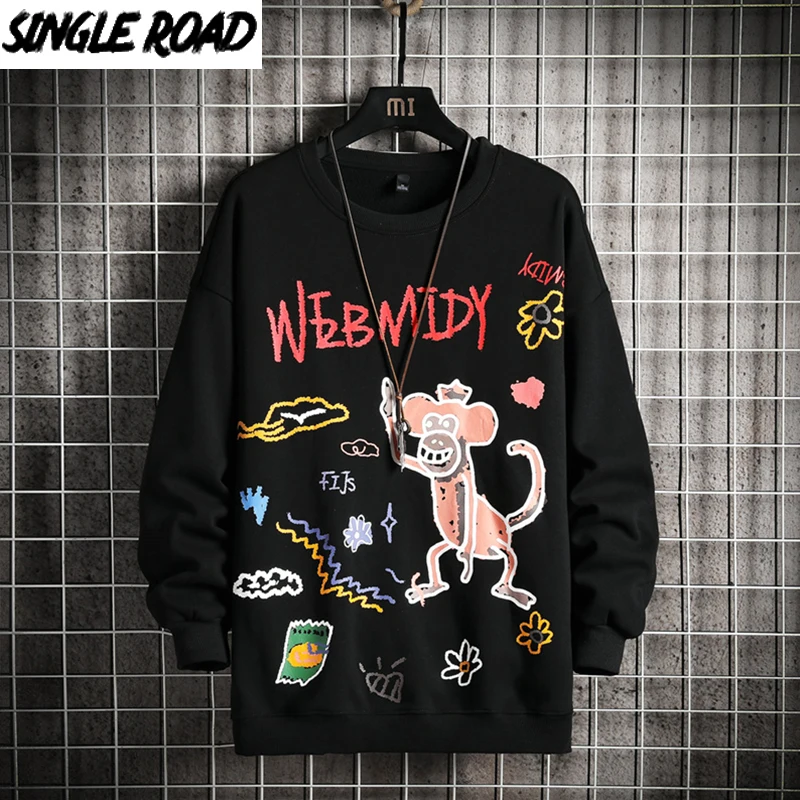 

Мужская толстовка с круглым вырезом SingleRoad, 2022, Японская уличная одежда в стиле хип-хоп, Черная Толстовка Оверсайз с капюшоном