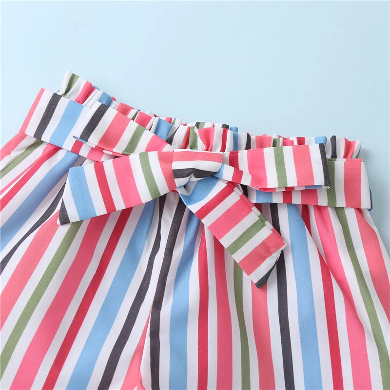 

2020 Fashion Infant Baby Girls Clothes 18M-6Y Sweet Kid Girls Pink Off-shoulder Top T-shirt+Colorful Striped Print Shorts Outfit